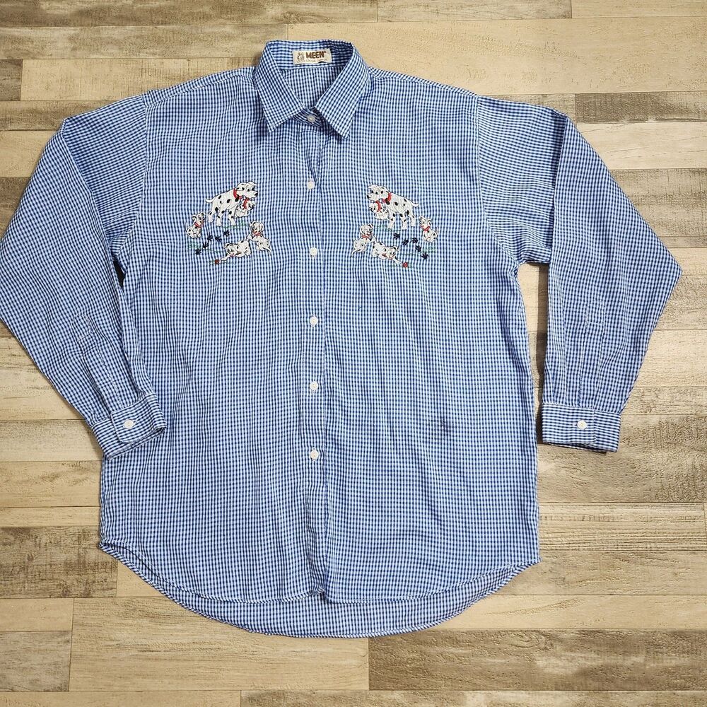 Vtg 90s By Meen Embroidered Dalmatian Puppy Blue Gingham Button Up Shirt XL*